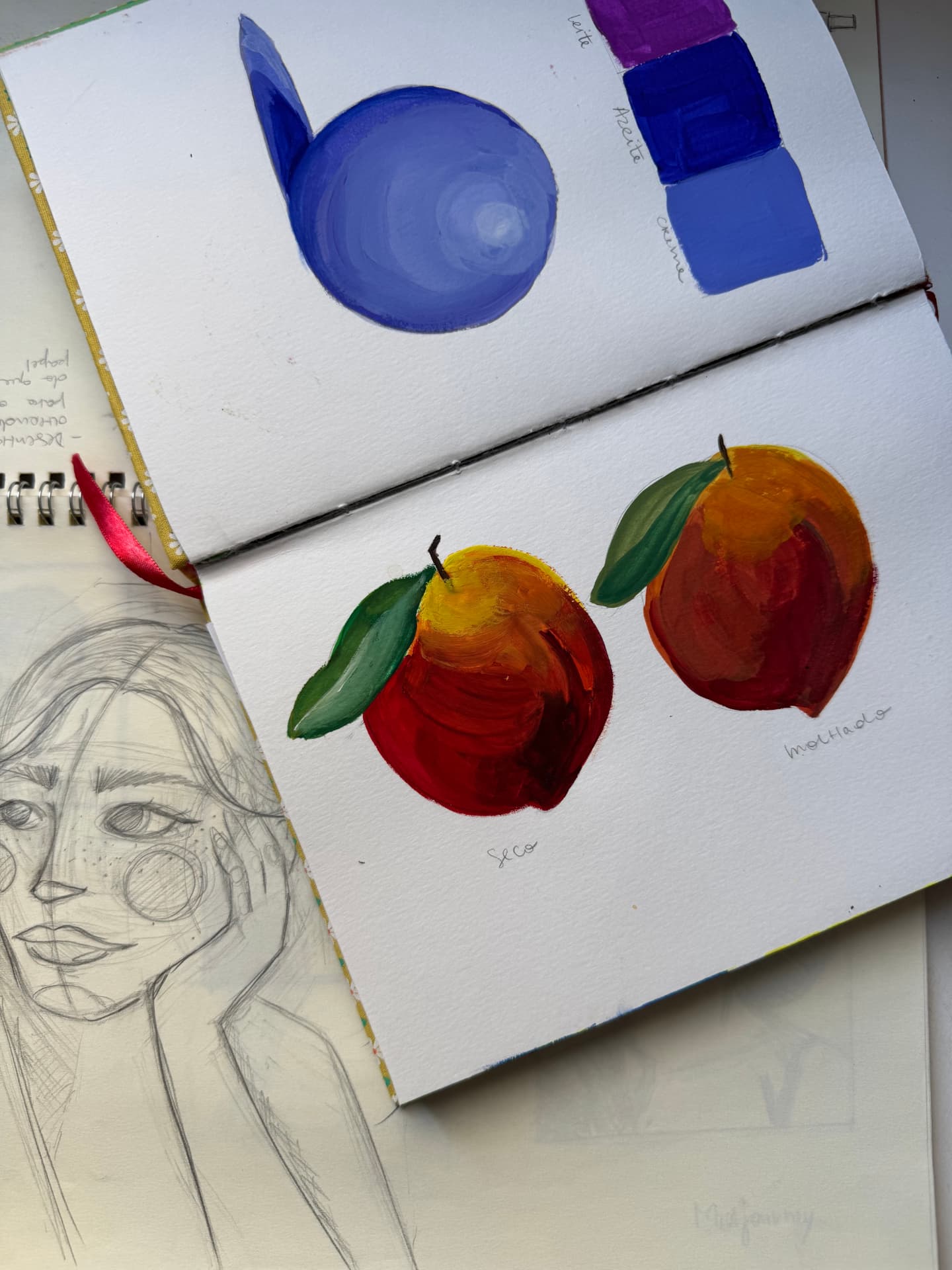 Swatches de cores com frutas em guache