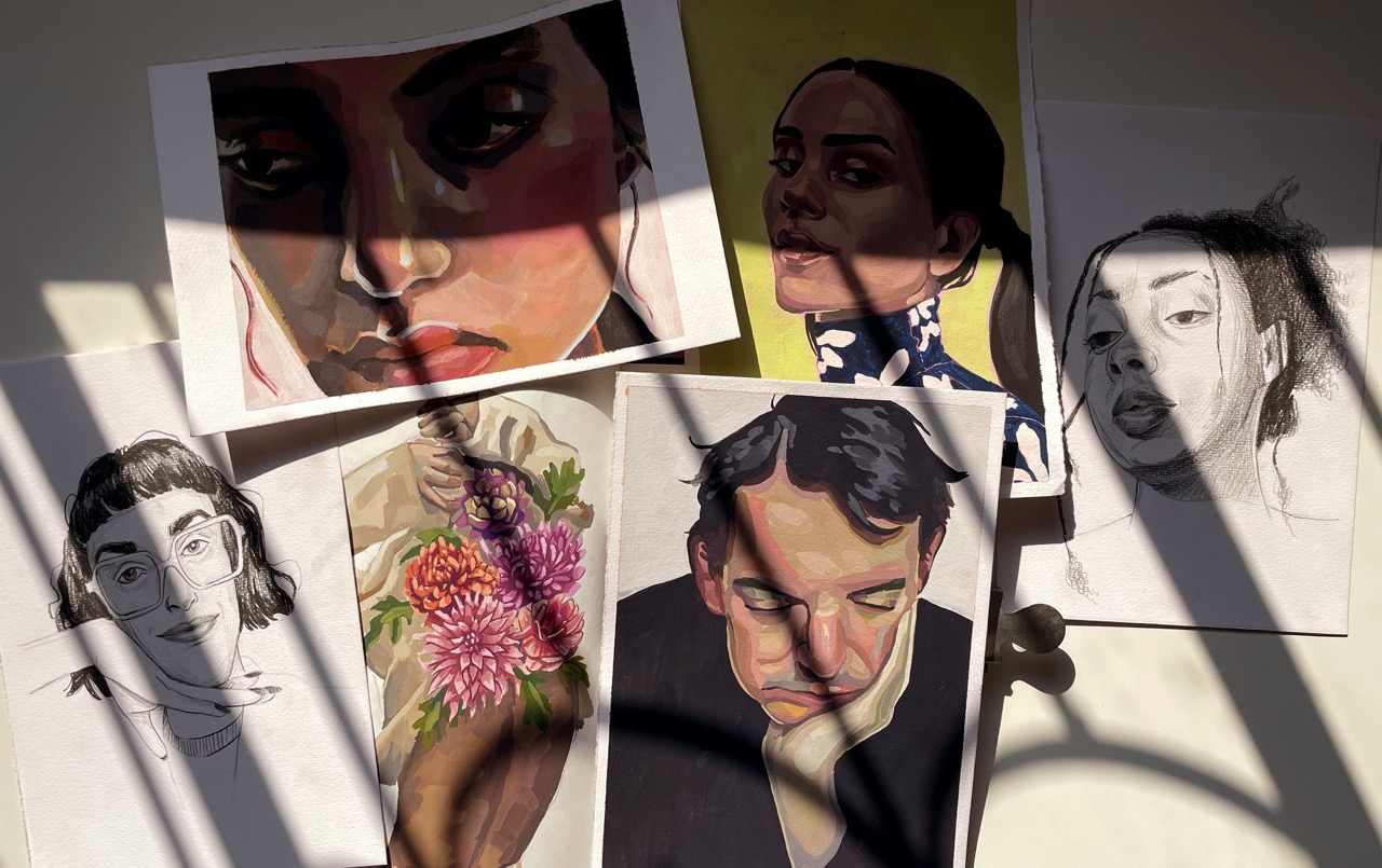 Conjunto de estudos e retratos em guache, aquarela e grafite feitos durante o curso