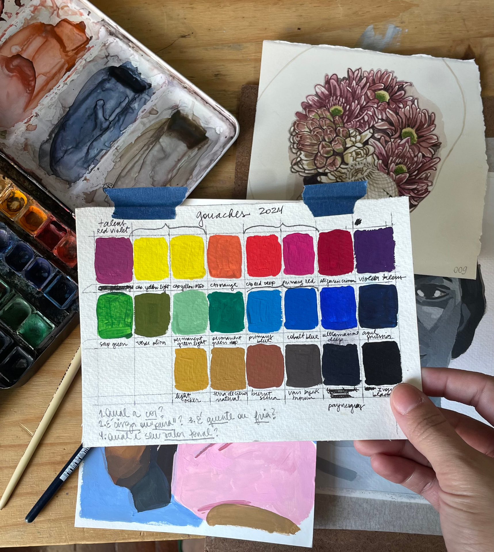 Materiais de guache sobre a mesa: paleta de cores, pincéis, papel com testes de tinta e uma pintura de flor rosa
